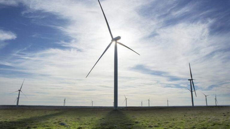 Se observa un campo con varios molinos de energ?a e?lica, con un cielo azul con nubes blancas de fondo.