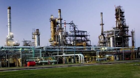 La imagen corresponde a una refinería de hidrocarburos con un cielo azul de fondo.