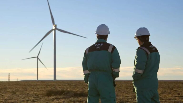 La imagen muestra una vista trasera de dos personas con mono de trabajo con logo de YPF Luz impreso. Detr?s, un campo de molinos de viento dispuestos en filas ordenadas sobre un terreno seco. Al fondo, se ve un cielo despejado con algunas nubes.