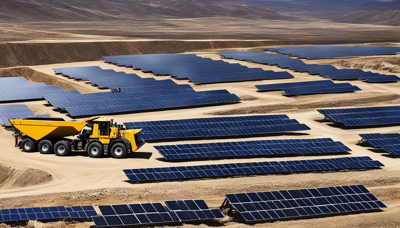 Un camión minero amarillo de gran tamaño se destaca en primer plano, contrastando con una extensión de paneles solares azules dispuestos en filas ordenadas sobre un terreno árido y montañoso.