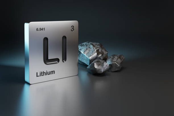 Litio elemento símbolo de la tabla periódica cerca de litio metálico con el espacio de copia. Ilustración 3d.
