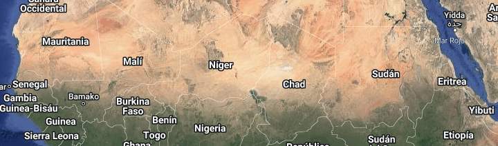 Mapa satelital de la regi?n del Sahel, con países africanos resaltados y sus nombres visibles. Se muestra la ubicación de ciudades importantes y la proximidad al Mar Rojo y al Ocñano Atl?ntico.