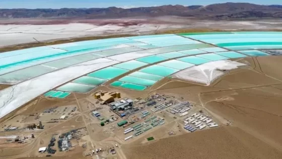 Vista aérea de un proyecto de extracción de litio en el Salar del Hombre Muerto, con piletas de evaporación de color turquesa y una planta industrial en el desierto, rodeada de montañas y salares.