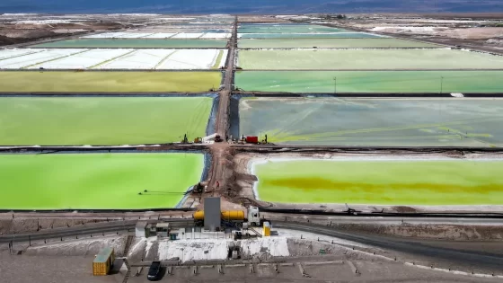 Vista aérea de piscinas de evaporación en una planta de producción de litio en el norte argentino, con tonalidades verdes y amarillas en un paisaje desértico.