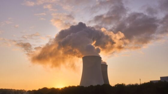 Vista al atardecer de una central nuclear con dos torres de refrigeración expulsando vapor de agua, iluminadas por la luz del sol poniente. La escena está enmarcada por un cielo parcialmente nublado y una línea de árboles frente a un cuerpo de agua.