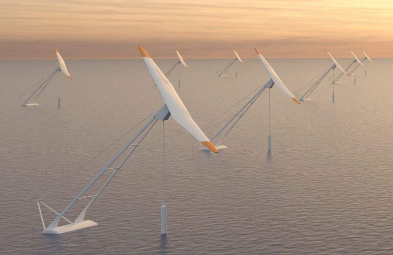 La imagen muestra un conjunto de turbinas e?licas flotantes TW6, desarrolladas por TouchWind. Estas turbinas est?n dise?adas con una sola pala inclinada, capaz de alinearse con la dirección del viento, lo que les permite operar incluso durante vientos extremos.