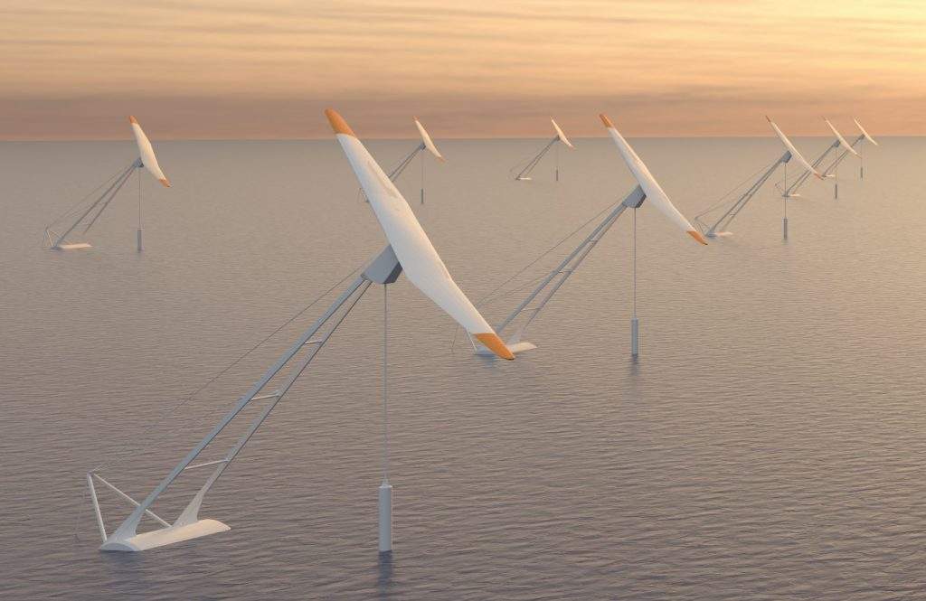 La imagen muestra un conjunto de turbinas e?licas flotantes TW6, desarrolladas por TouchWind. Estas turbinas est?n dise?adas con una sola pala inclinada, capaz de alinearse con la dirección del viento, lo que les permite operar incluso durante vientos extremos.