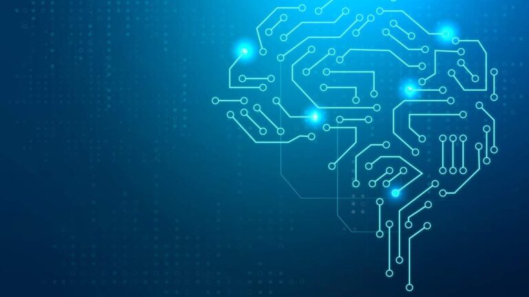 La imagen presenta una representación digital y abstracta de un cerebro humano, estilizada como un circuito electr?nico brillante sobre un fondo azul oscuro moteado con sutiles puntos luminosos. Las conexiones neuronales se visualizan mediante líneas delgadas, puntos de luz m?s intensos marcan nodos clave dentro de este circuito cerebral, sugiriendo la activación de diferentes ?reas.