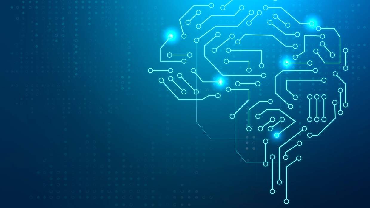 La imagen presenta una representación digital y abstracta de un cerebro humano, estilizada como un circuito electrónico brillante sobre un fondo azul oscuro moteado con sutiles puntos luminosos. Las conexiones neuronales se visualizan mediante líneas delgadas, puntos de luz más intensos marcan nodos clave dentro de este circuito cerebral, sugiriendo la activación de diferentes áreas.