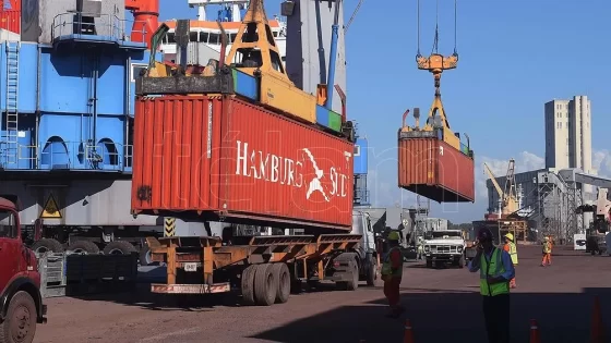 Operarios supervisando la carga y descarga de contenedores en un puerto.