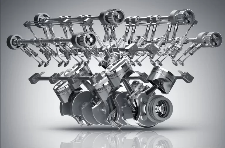 Representación en 3D de un motor de combusti?n interna con pistones y v?lvulas en movimiento.