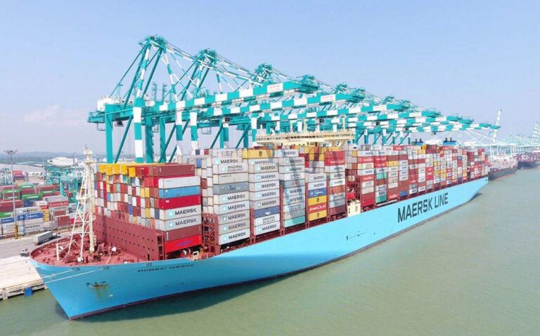 Buque portacontenedores cargado en un puerto, con grúas operando para mover contenedores de mercanc?as.