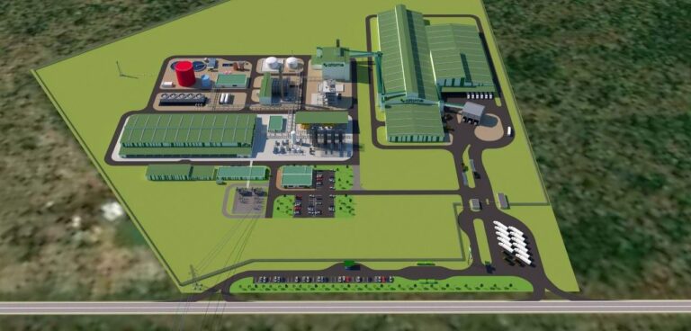 Render de una planta industrial con edificios, tanques, áreas de proceso y acceso logístico, representando un proyecto energético o químico.