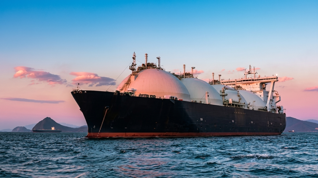 Buque de gas natural licuado (GNL) navegando en el mar al atardecer, con tanques esféricos visibles en cubierta.