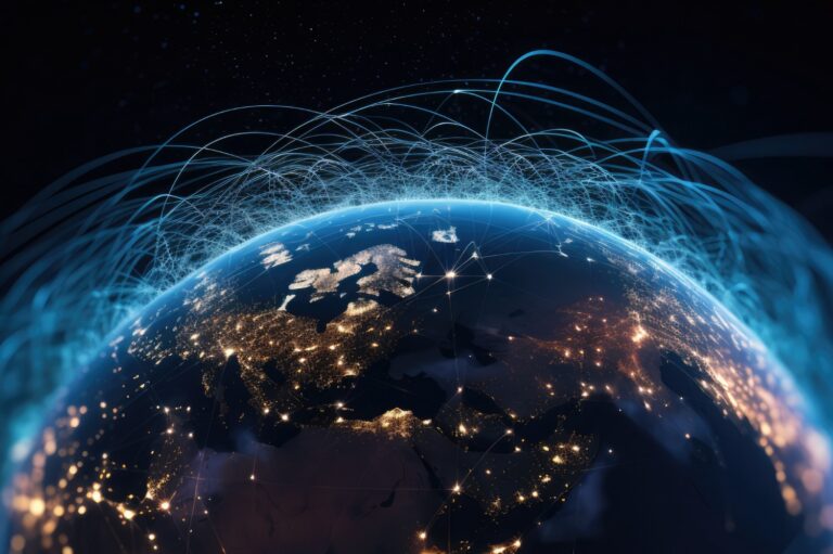 Vista del planeta Tierra de noche con múltiples líneas luminosas que conectan distintos puntos del mundo, representando redes globales de comercio, tecnología y cadenas de valor interconectadas.