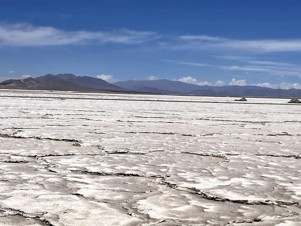 Extensa superficie de un salar con costras de sal agrietadas, rodeado de montañas bajo cielo despejado.
