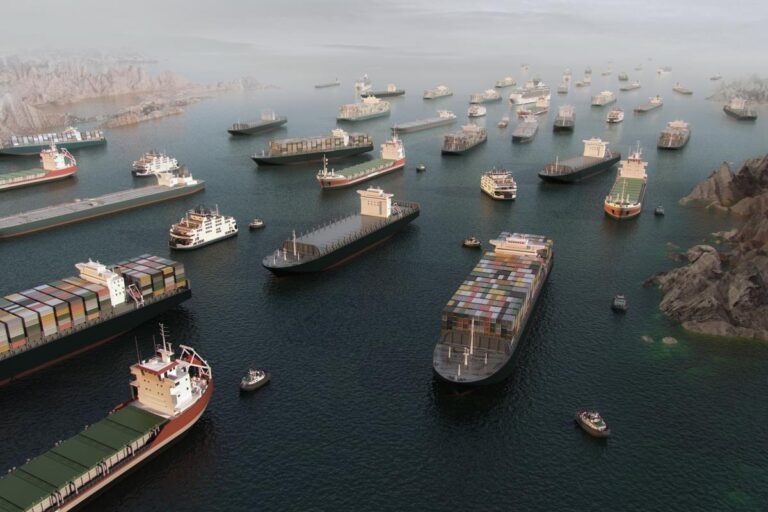Vista aérea de decenas de buques de carga y petroleros detenidos y congestionados en un estrecho marítimo, generando un cuello de botella en la circulación. La imagen transmite saturación logística y tensión en las rutas globales de comercio y energía.