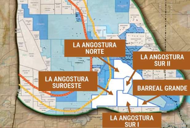 Mapa de áreas hidrocarburíferas con sectores identificados como La Angostura Norte, La Angostura Sur I y II, La Angostura Suroeste y Barreal Grande.