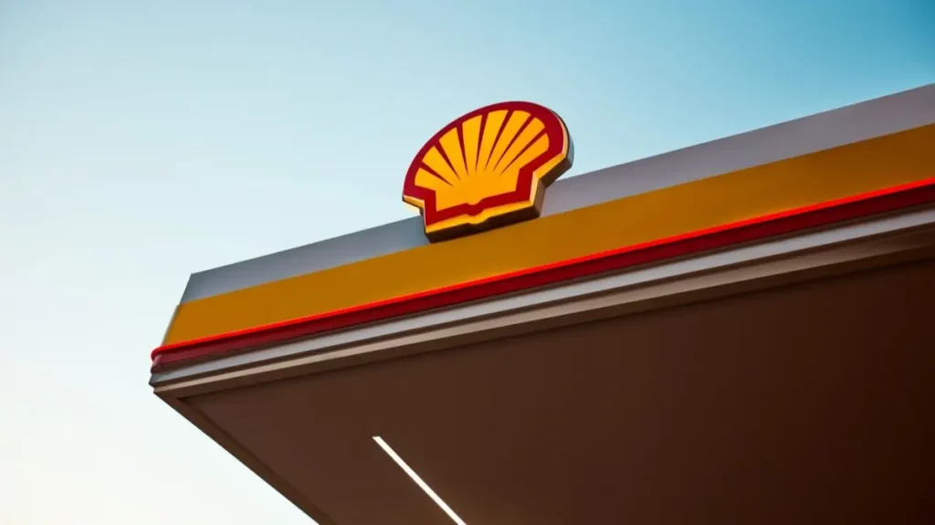 Logotipo de Shell sobre la marquesina de una estación de servicio, fotografiado desde un ángulo bajo contra un cielo despejado.