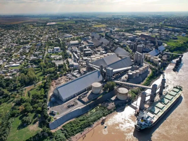 Vista aérea de un complejo industrial portuario ubicado junto a un río, con silos de almacenamiento, edificios de procesamiento y un buque amarrado en el muelle de carga.