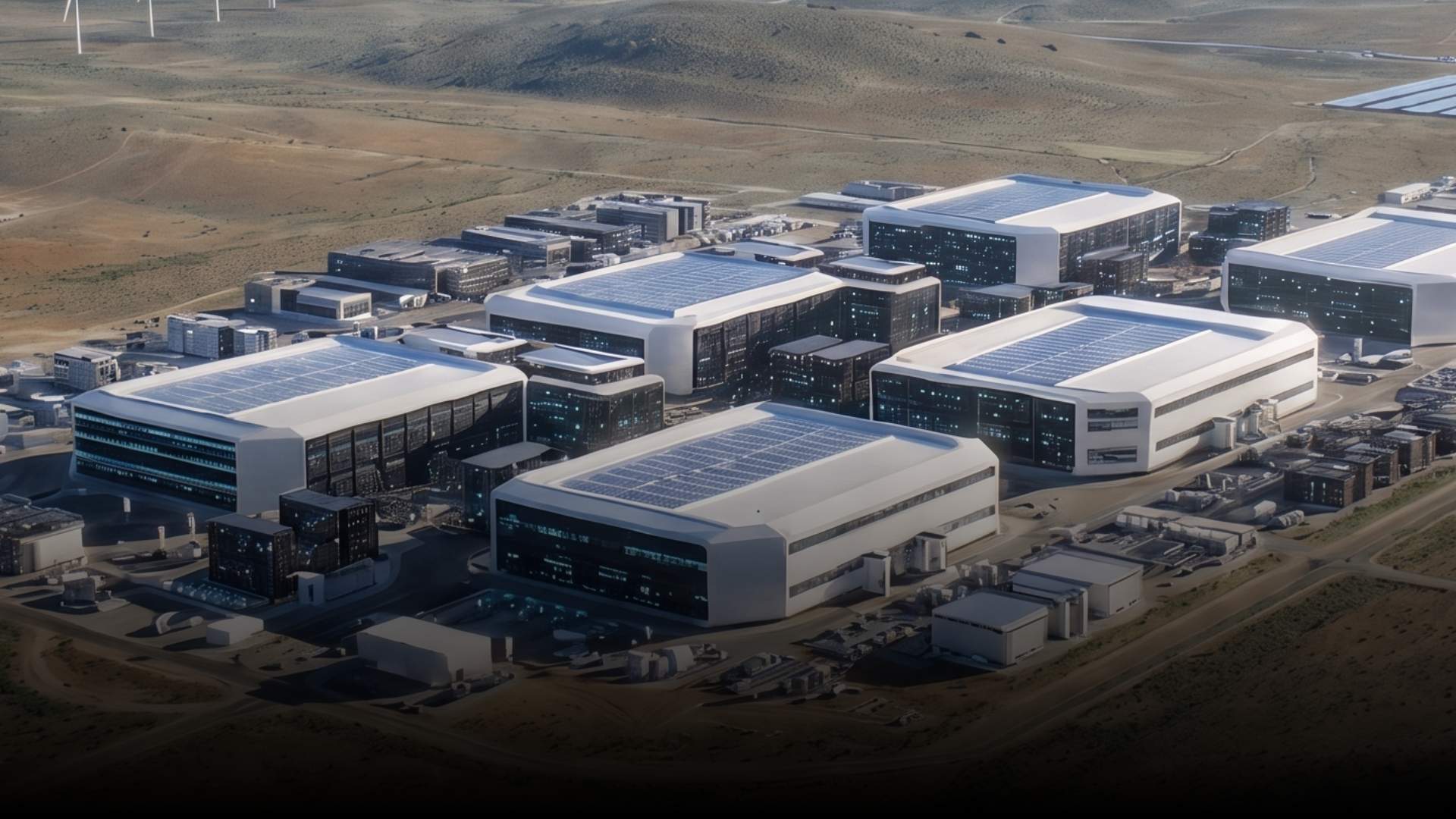 Vista aérea de un complejo de grandes centros de datos en una zona árida, con paneles solares instalados sobre los edificios.