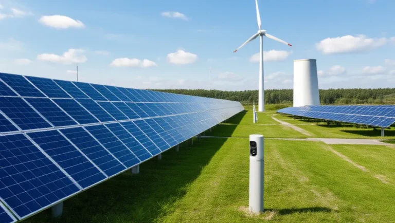 Paneles solares y aerogenerador en una instalación de energía renovable.