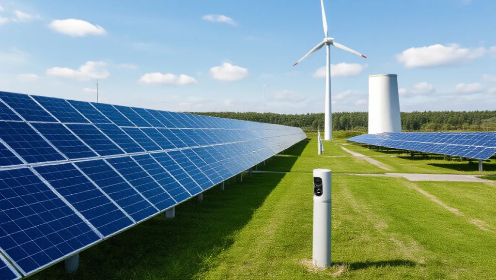 Paneles solares y aerogenerador en una instalación de energía renovable.