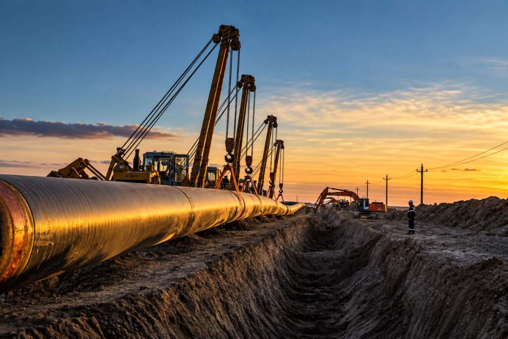 Obras de construcción de un gasoducto al atardecer, con maquinaria pesada instalando tuberías de gran diámetro.